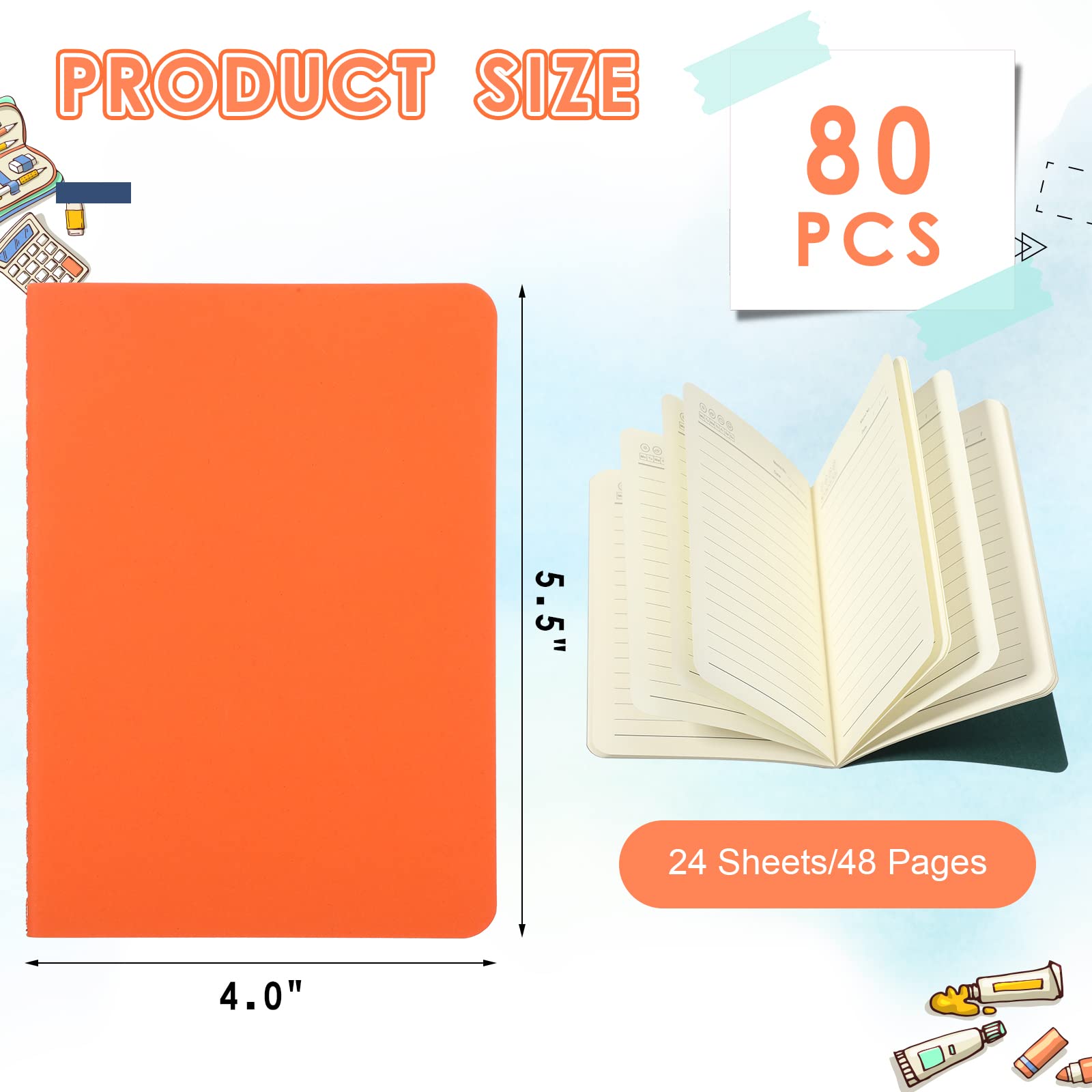 Confezione da 80 mini quaderni, riviste colorate, set di quaderni tascabili, mini quaderni per bambini, forniture per ufficio, forniture scolastiche, 10 x 15 cm, 24 fogli/48 pagine, 16 righe