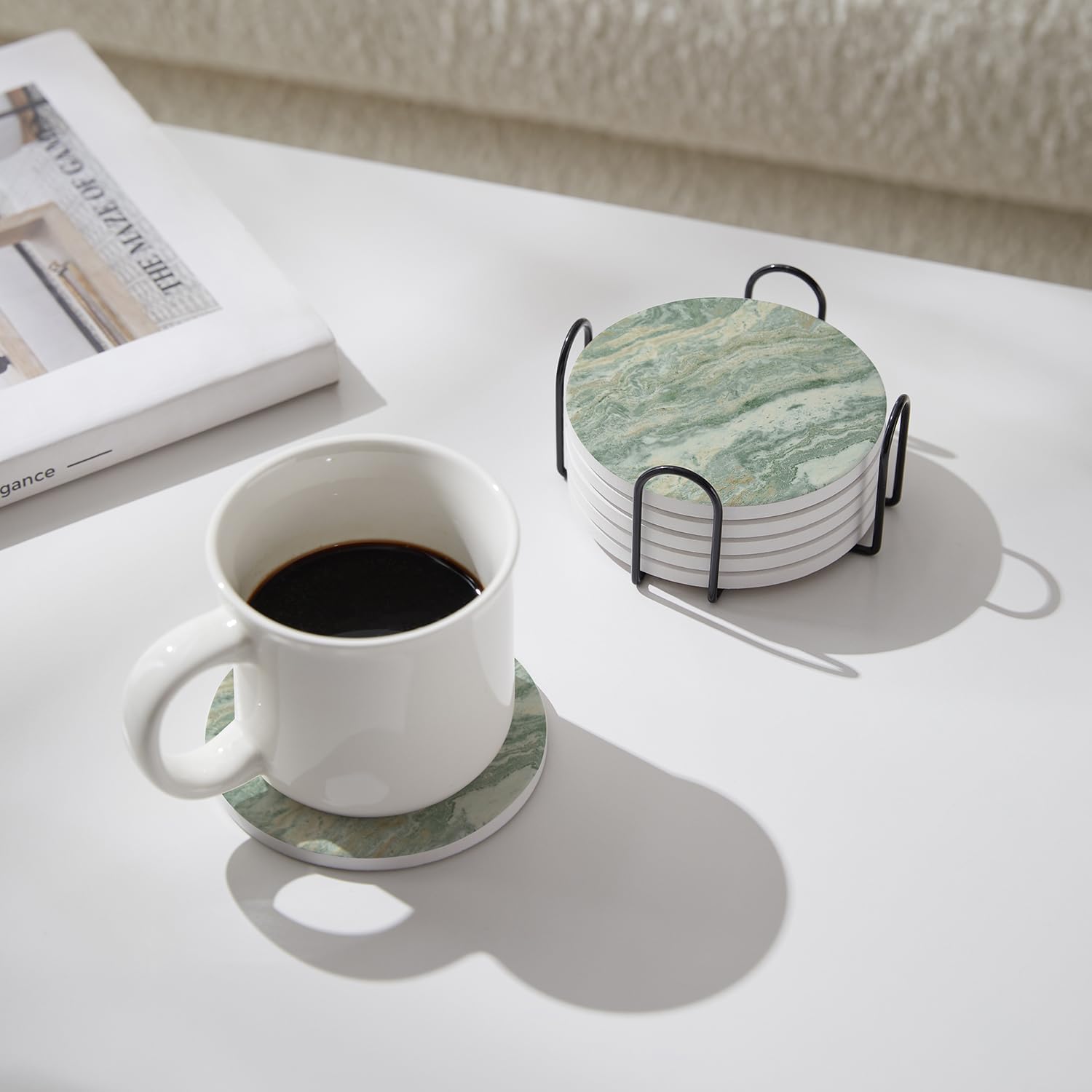 Set of 6 Sage Green Abstract Onyx Marble Coasters with Holder, Absorbent Ceramic Drink Coasters for Table Protection, Coffee Table Decor - Image 5
