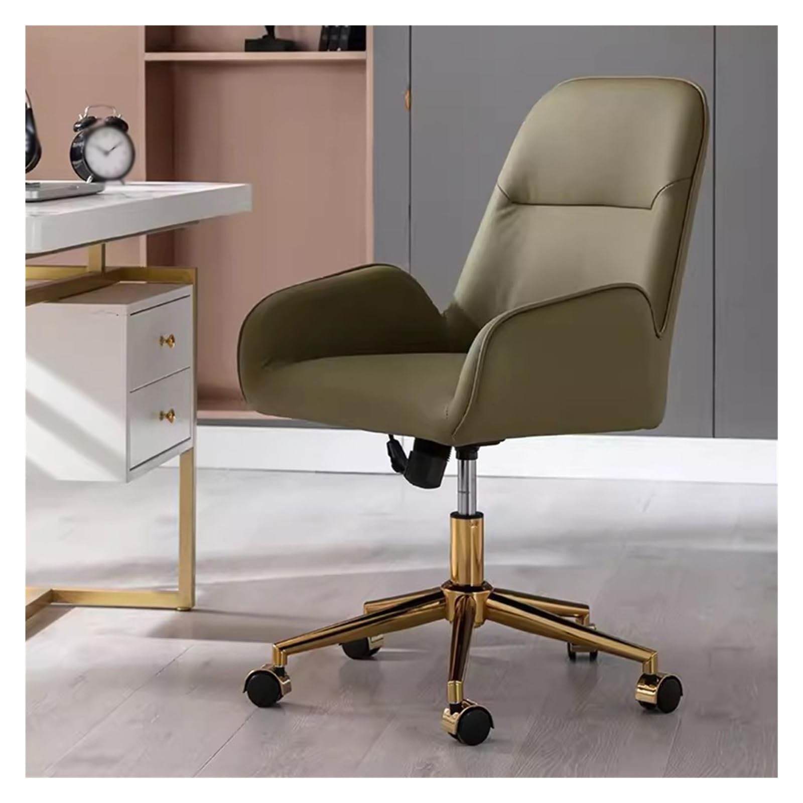 Ergonomiczne zielone obrotowe krzesło biurkowe z kółkami wyściełane krzesło biurowe do domu i pokoju makijażu, nowoczesne, wygodne krzesło do salonu i pracy, stylowe krzesło do makijażu