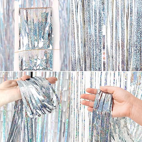 Image of 4 Pack Silver Fringe Backdrop 12.8x8.2 Ft Sparkle Metallic Tinsel Foil Fringe Curtain, Silver Tinsel Backdrop Curtain Door Streamers for Birthday Bachelorette Graduation Christmas Party Decorations