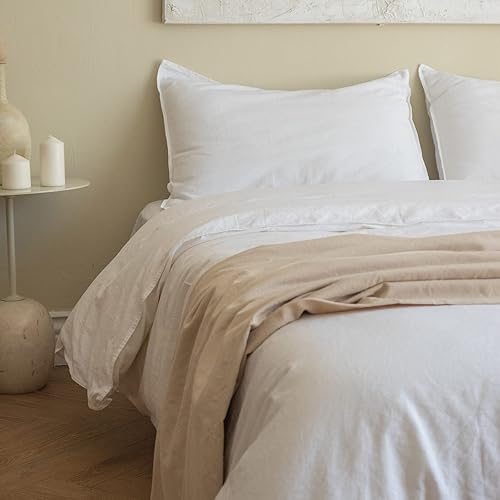 Miniatura 7 de BISELINA Juego de funda de edredón de lino francés de 3 piezas con cierre de cremallera oculto, mezcla de algodón de lino natural, color sólido,