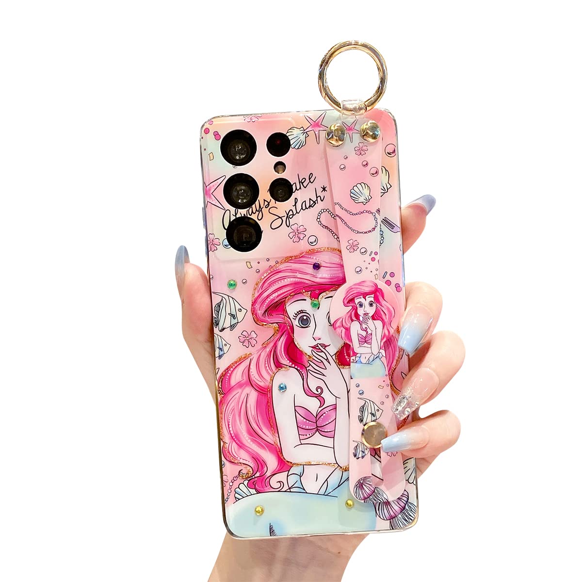 Meishangmei for Samsung Galaxy S21 Ultra Case 6.8" Sparkle Bling with Strap Stand Cute Pattern IMD Design Silicone Shockproof Protective Glitter Cases