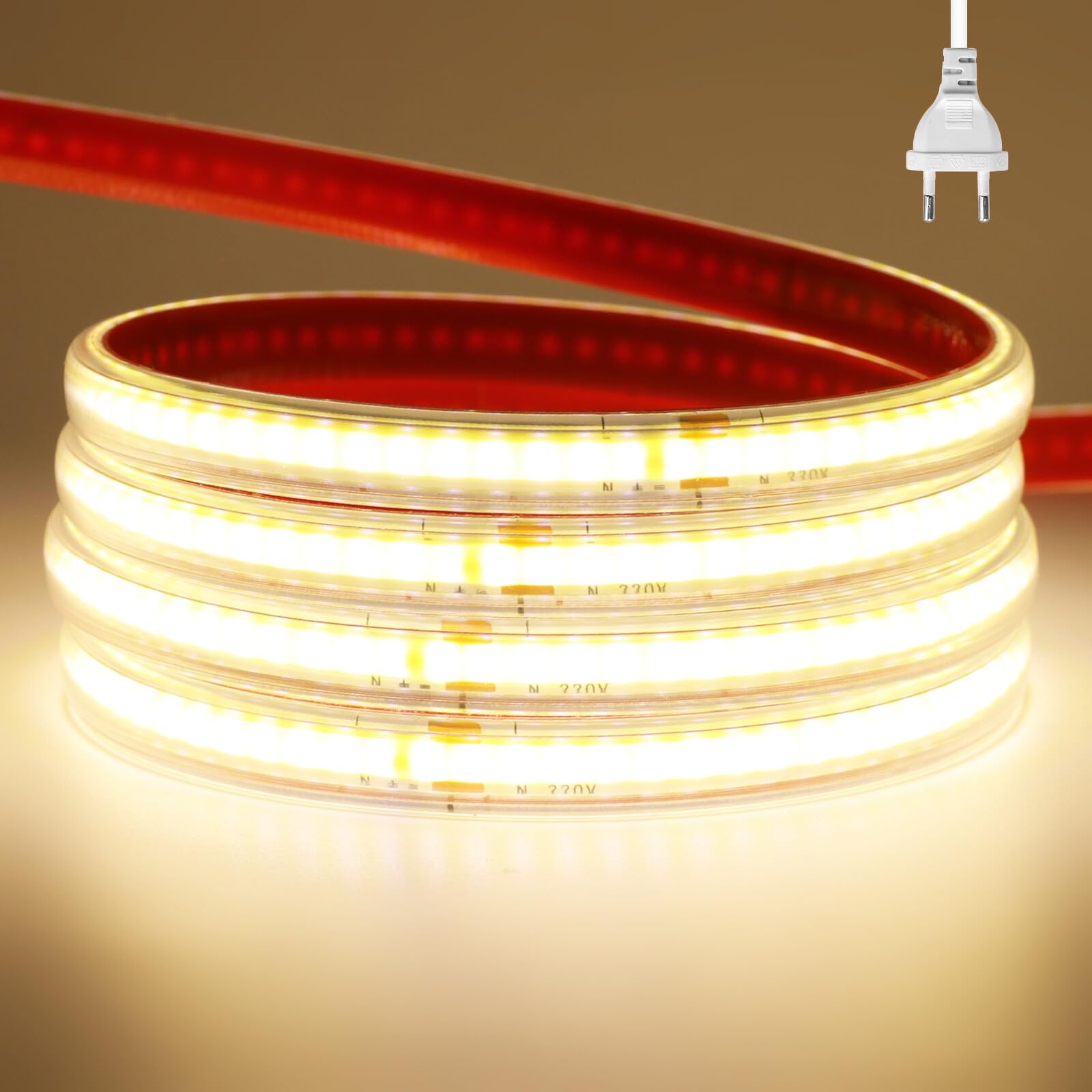 Tira LED COB 220V [50M, Blanco Natural 4000-4500K], IP65 impermeable flexible, 240 LEDs/m Tira LED FCOB CRI85+, cortable cada 10cm, iluminación decorativa para hogar/tiendas