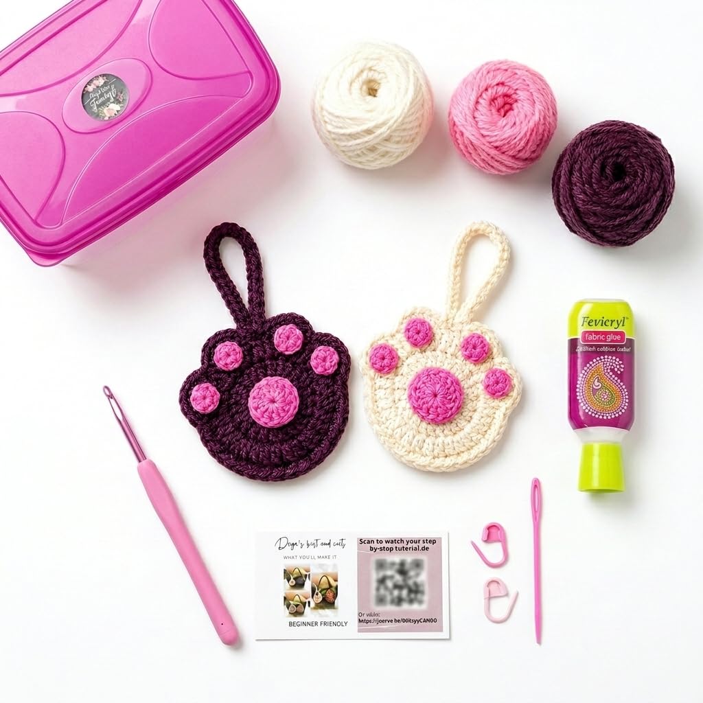 DIY Crochet Cat Paw Mini Pouch Kit for Beginners | Dark Pink & Off White Paw Pouch Crochet Kit with Video Tutorial | Complete Crochet Starter Kit with Yarn, Hook & Accessories-image-8