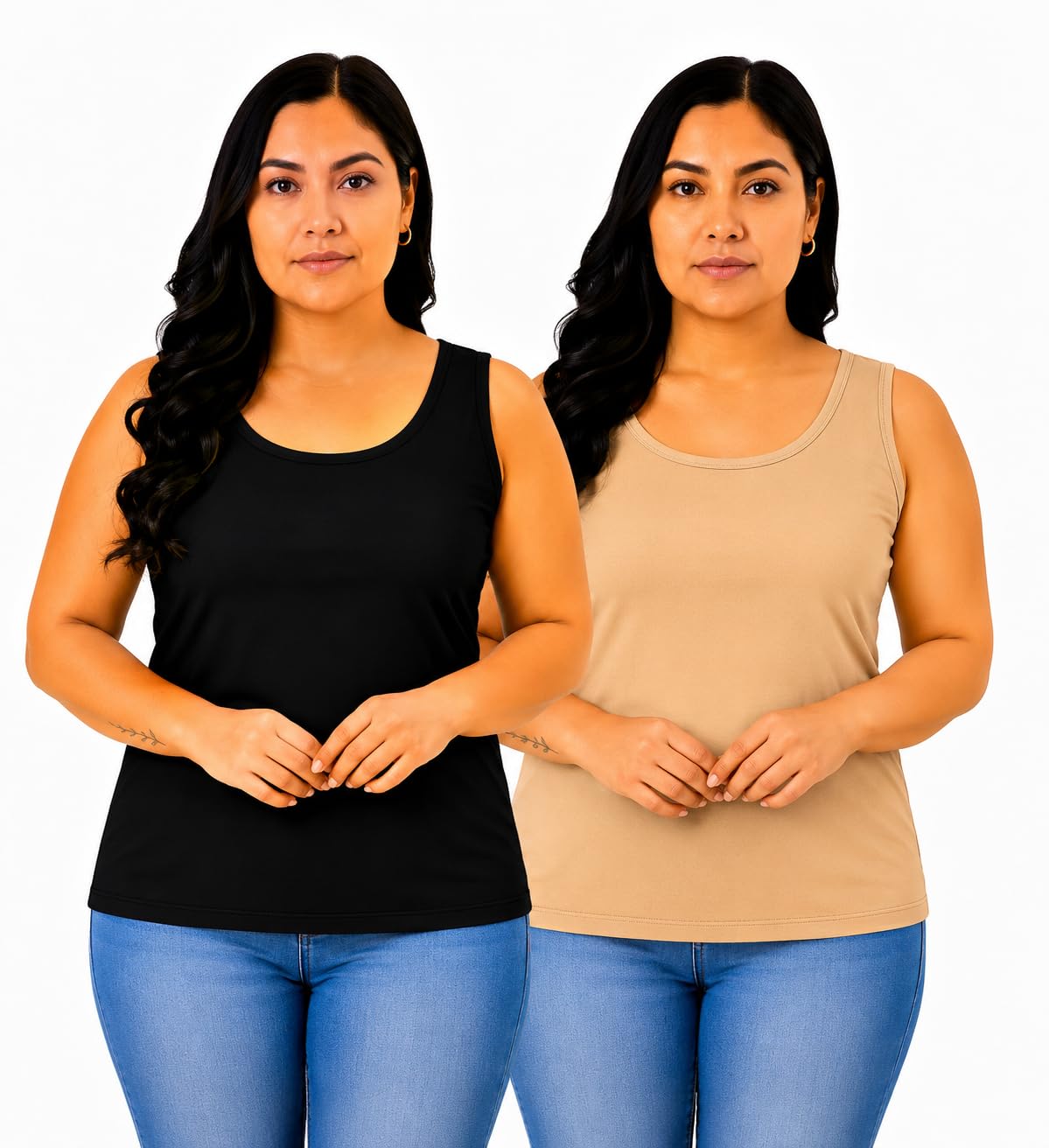 Women's Plus Size Tank Top, Scoop Neck, Sleeveless, Black and Beige, Pack of 2-image-38