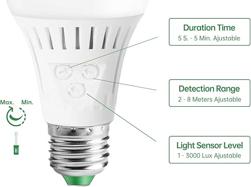 Miniatura 2 de Elrigs Bombilla con sensor de movimiento con luz del atardecer al amanecer, base E26, LED de 7 W (equivalente a 60 W), blanco frío (6000 K),
