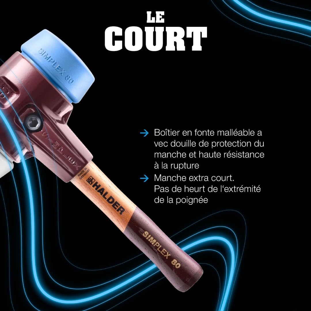 Maillet SIMPLEX, Caoutchouc chargé, avec pied/TPE moyen ; avec boîtier en fonte malléable et manche en bois extra court de qualité | D=80 mm/Modèle de manche=extra court | 3023.282