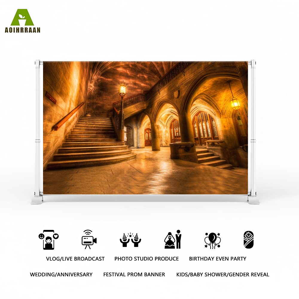 Aoihrraan 3x2m Rétro Château Intérieur Toile De Fond Vintage Arcade Colonnes Vieux Escalier Européen Doré Église Photographie Voyage Vacances Anniversaire Mariage Amoureux Portrait Photo Vinyle