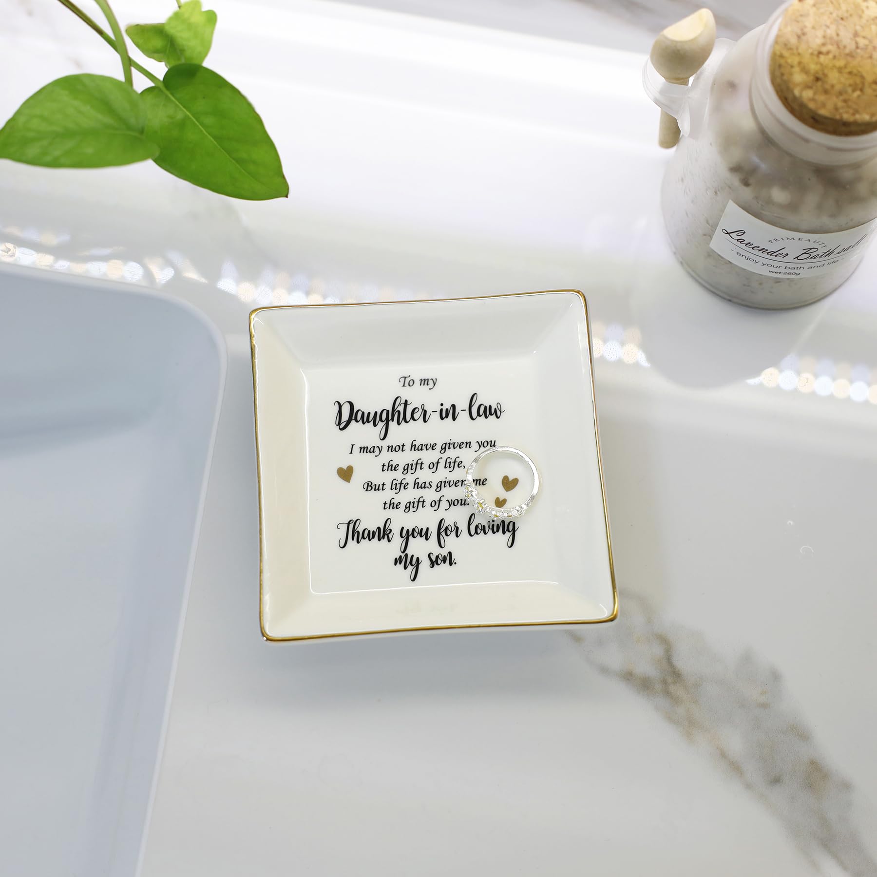 HOME SMILE Mothers Day Gifts for Daughter in Law Ceramic Ring Jewelry Dish Tray Plate for Birthday Christmas Valentines Wedding-Thank You for Loving My Son