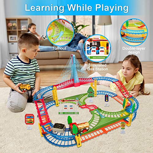 BeebeeRun Kids Car Race Track Set, Flexible Train Tracks for Toddlers with Musical Bridge and LED Electric Train Set, Car Track Toys for Boys and Girls - Thumbnail 2