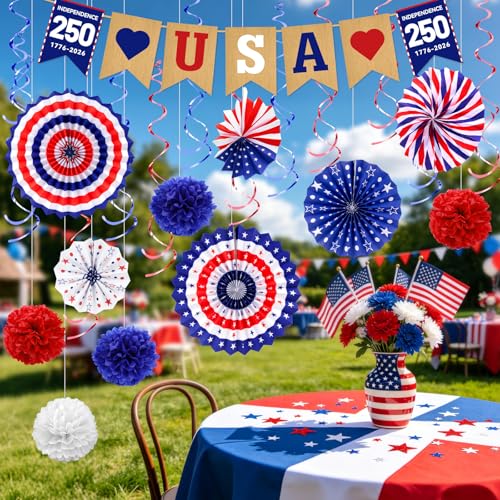 Image of 34PCS 4th /Fourth of July USA 250th Anniversary Decorations Set, Red White Blue Patriotic Decorations, Love USA Banner American Flag Pom Poms Decor for Memorial Day Independence Day