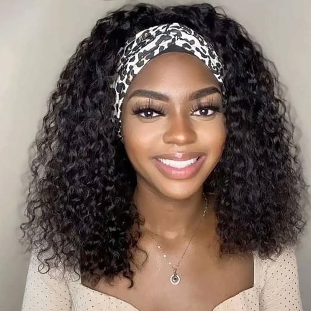 Headband Wig Human Hair Deep Wave Wigs 16Inch Brazilian Human Hair Headband Wigs for Women 180% Density Glueless Non Lace Front Wig Machine Made Curly