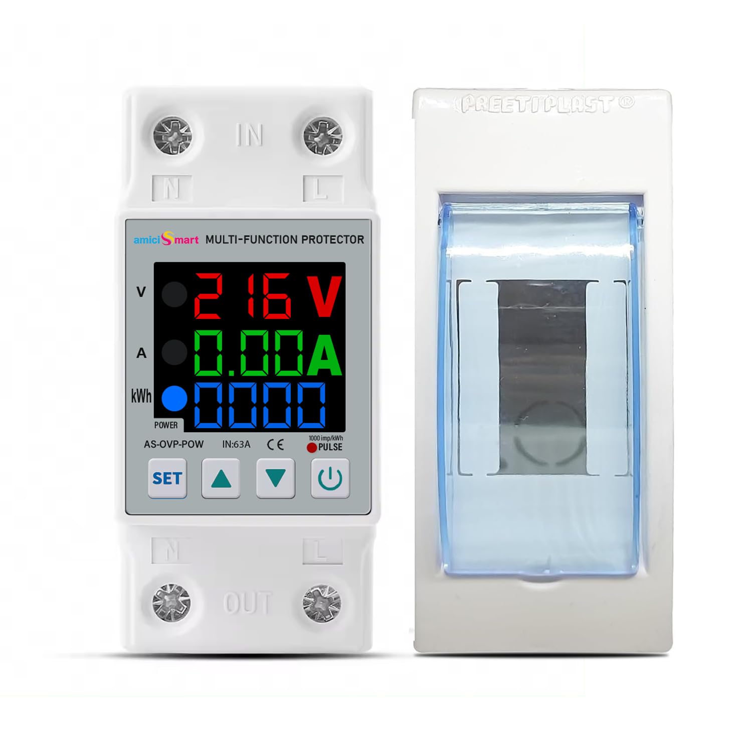 amiciSmart 63A 230V Digital Energy Meter with Over/Under Voltage Protection, Over Current/Load Protection and Weather-Proof Mount, corded_electric, White