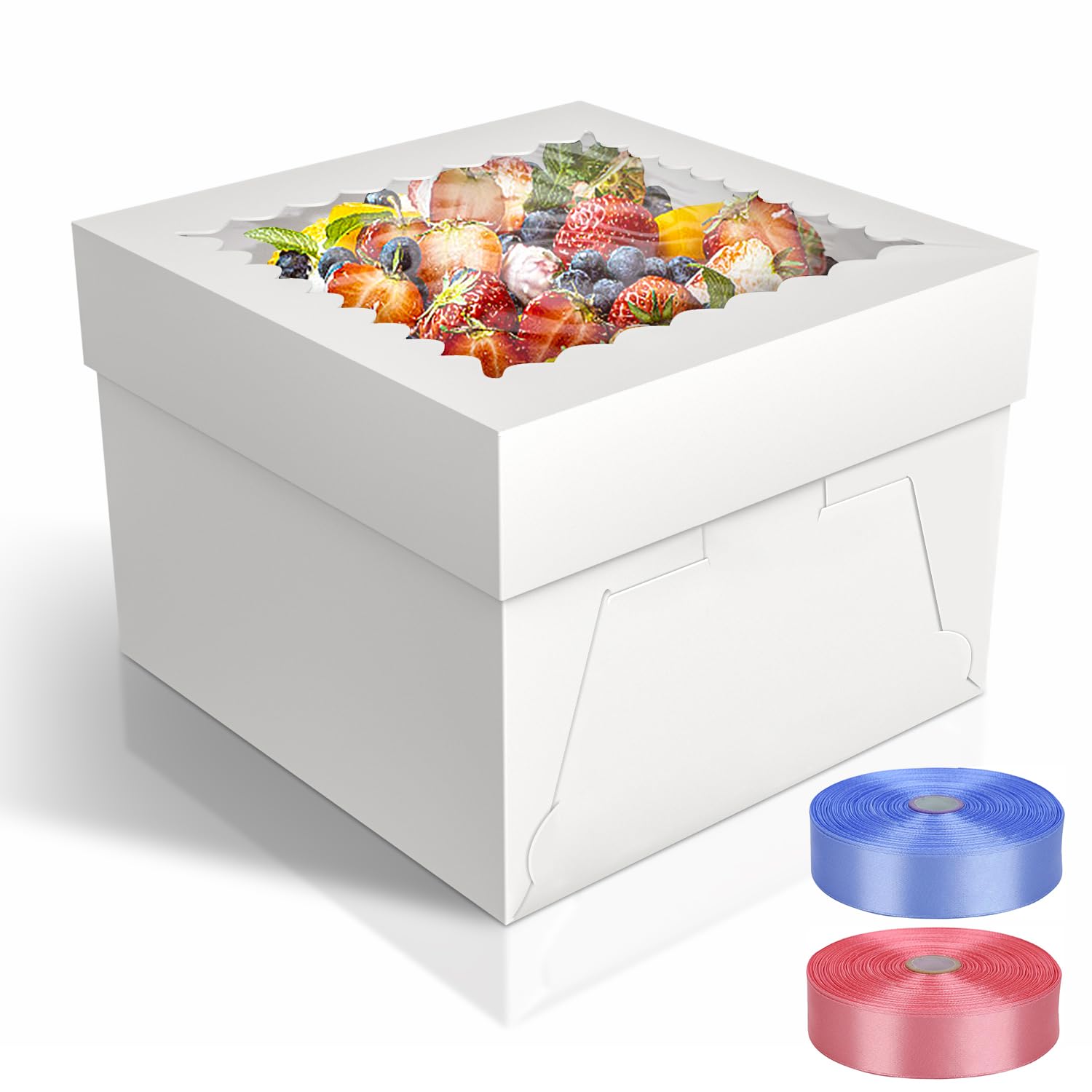 BOPLYBAY Extra Deep White Cake Boxes with Window and Cake Boards, Premium Sturdy Bakery Boxes for Tall Cakes, Tiered Cakes and Desserts (15, 8 * 8 * 8 inch)