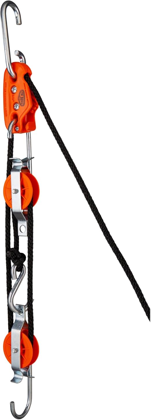 Tie Boss - Self Locking, Block and Tackle Pulley Hoist System with 35 ft of Polypropylene Solid Braided Rope. (Rated for 300lbs)
