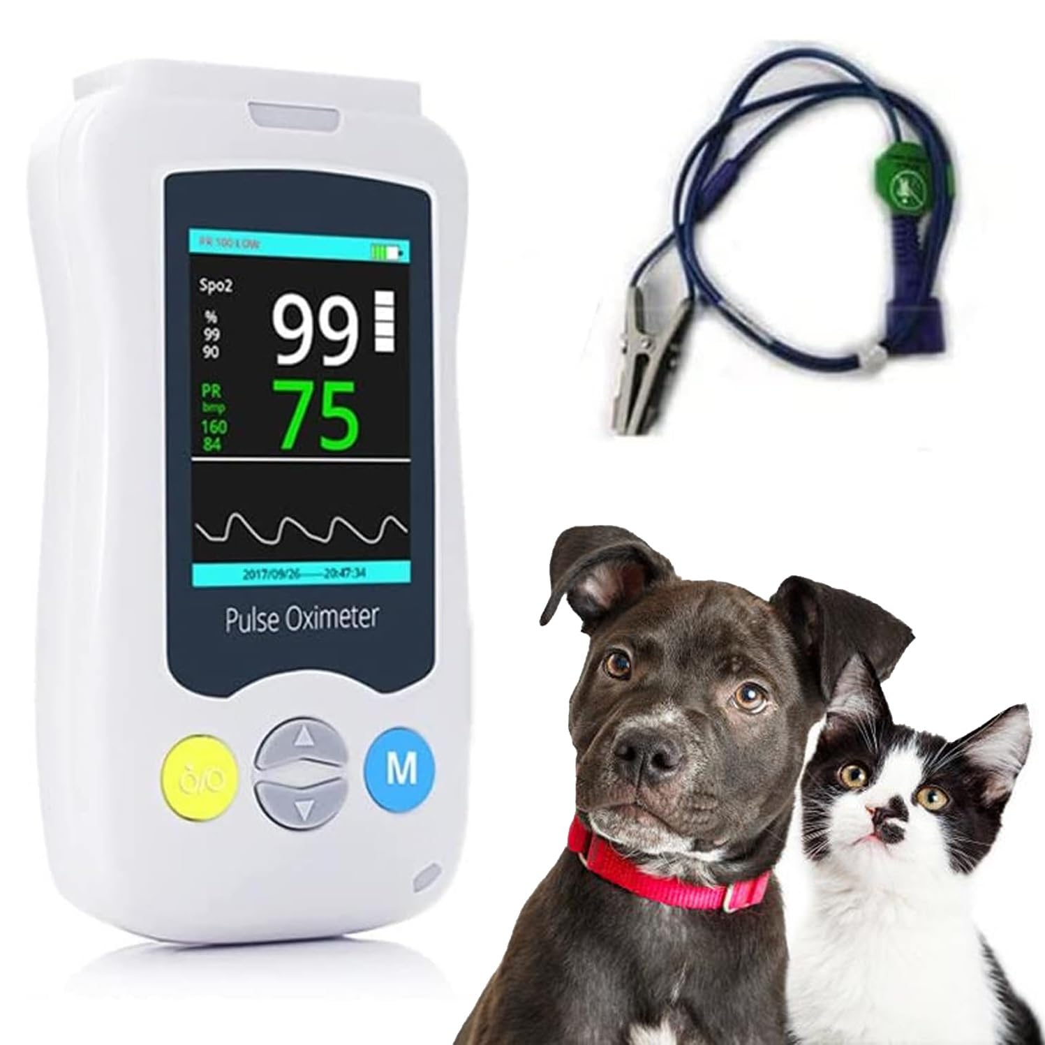 Pulsossimetro veterinario portatile, monitor della frequenza cardiaca for animali domestici con sonda e cavo USB, sensore SPO² for orecchio/lingua con display da 2,4 pollici, for gatti, cani e piccoli