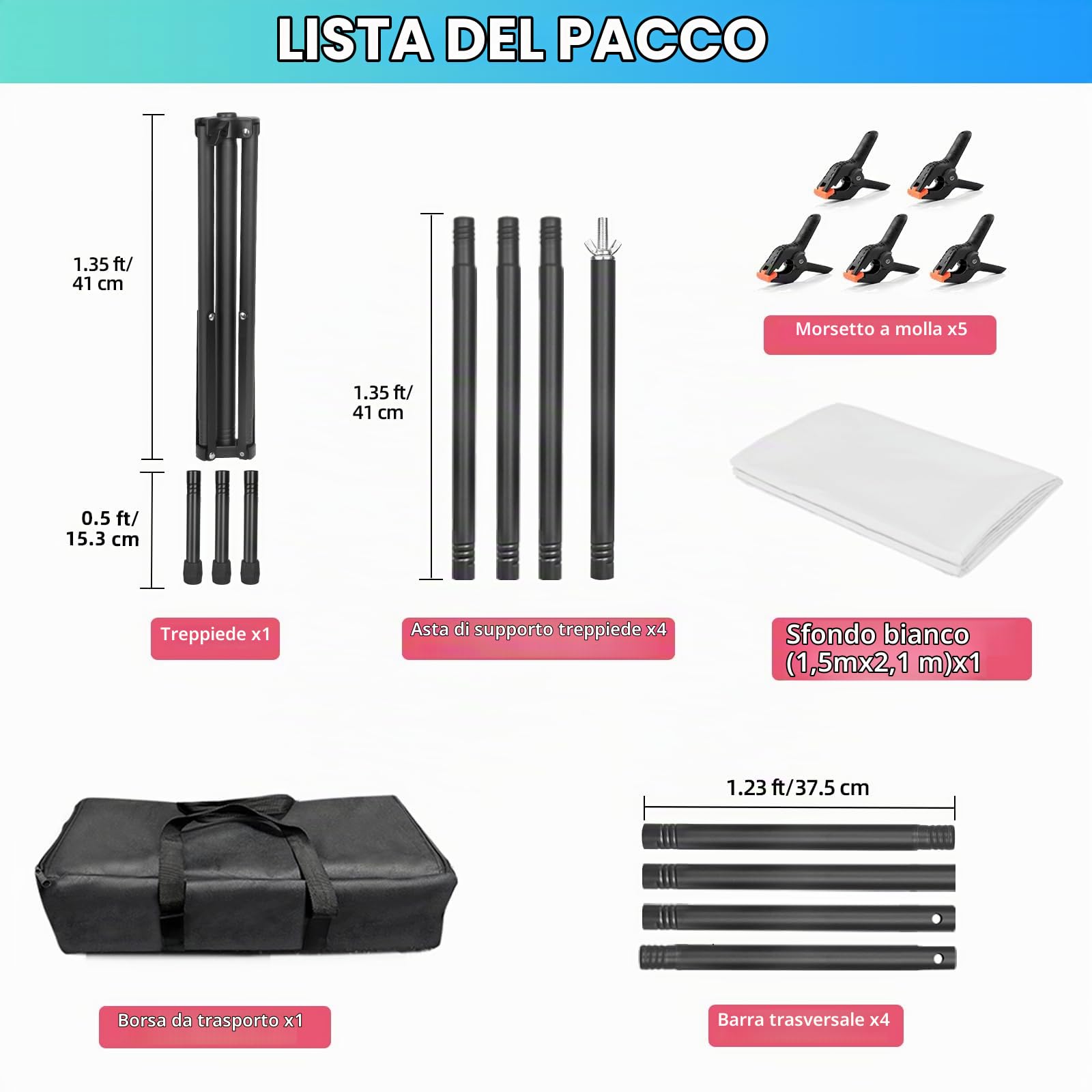 Supporto per Sfondo, 1,5 x 2 m, Regolabile, Sfondo Fotografico, Bianco, 1,5 x 2 m, con 5 Morsetti e Borsa per lo Streaming di Giochi, Servizi Fotografici, Prodotto Video Zoom, Fotografia