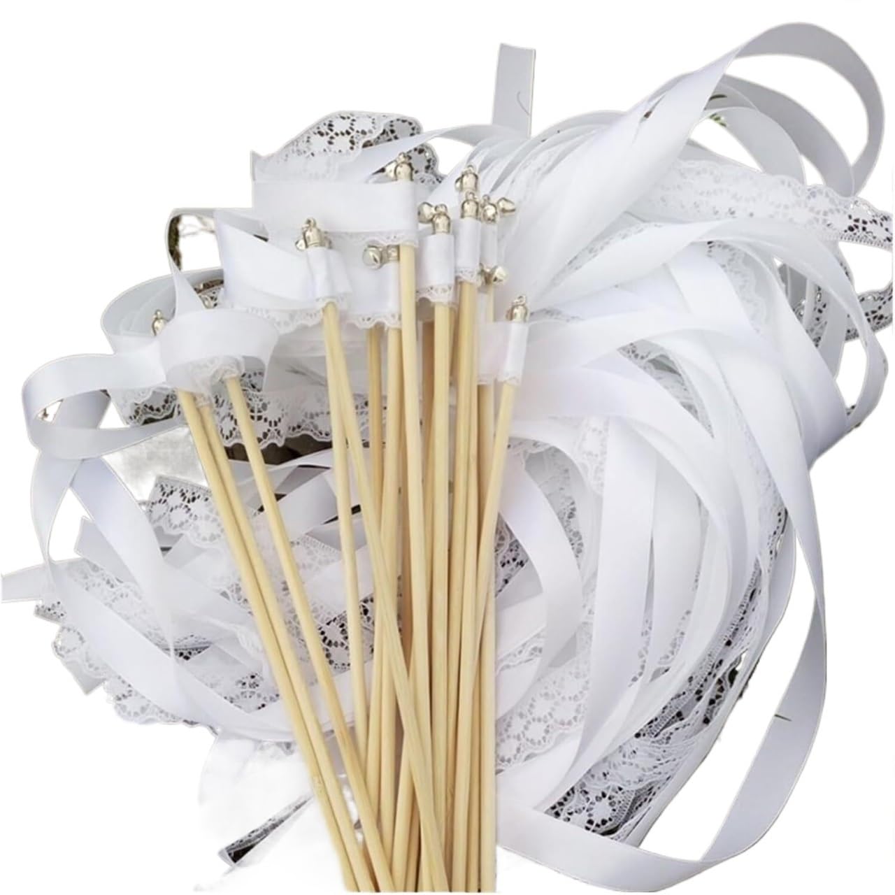 Bâtons de ruban blanc mariage et cloches argentées : banderoles virevoltantes pour fête - 50 pcs