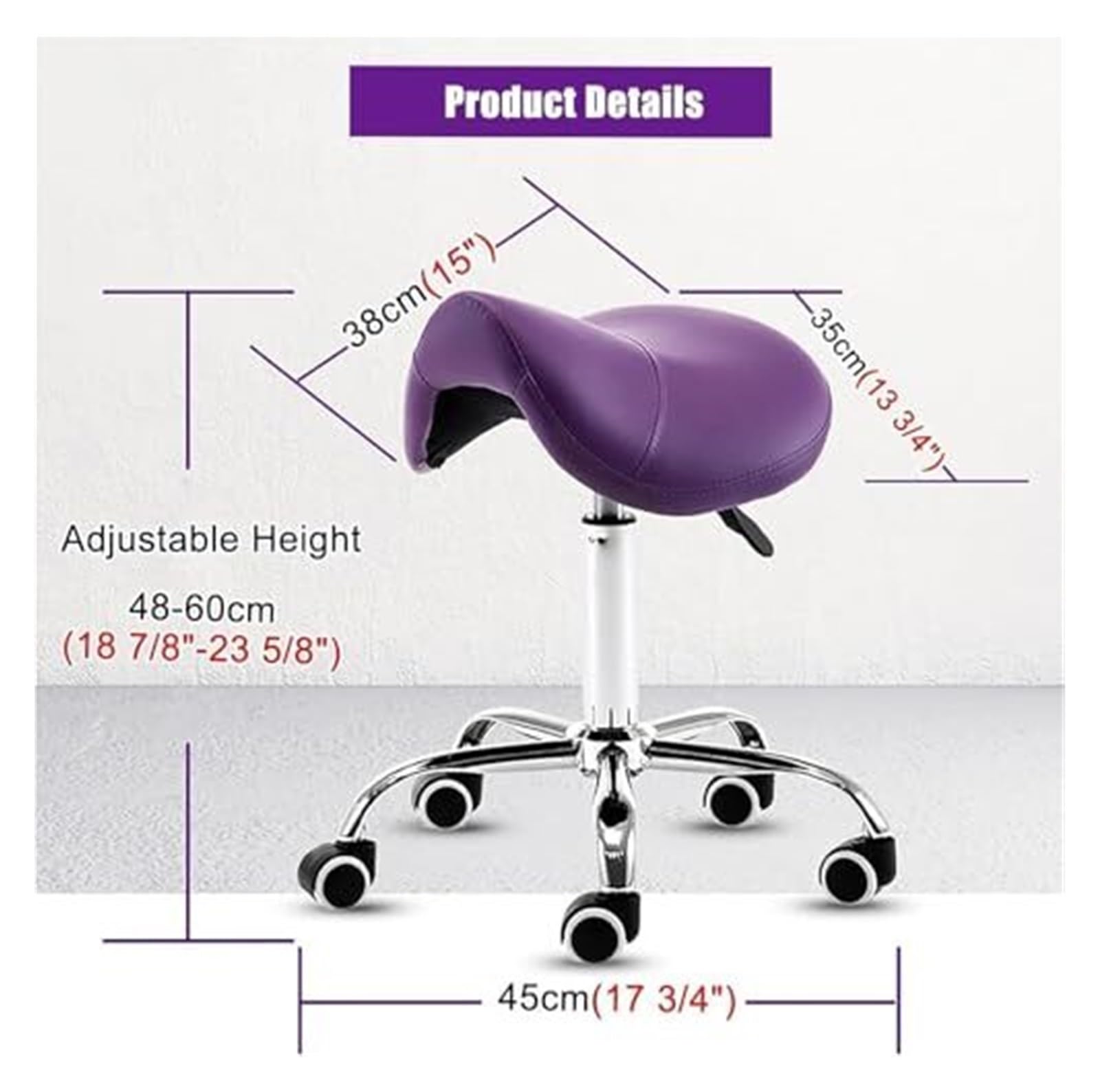 Hydrauliczny taboret siodłowy z kółkami, regulowana wysokość 48-58 cm do klinik, spa, salonów