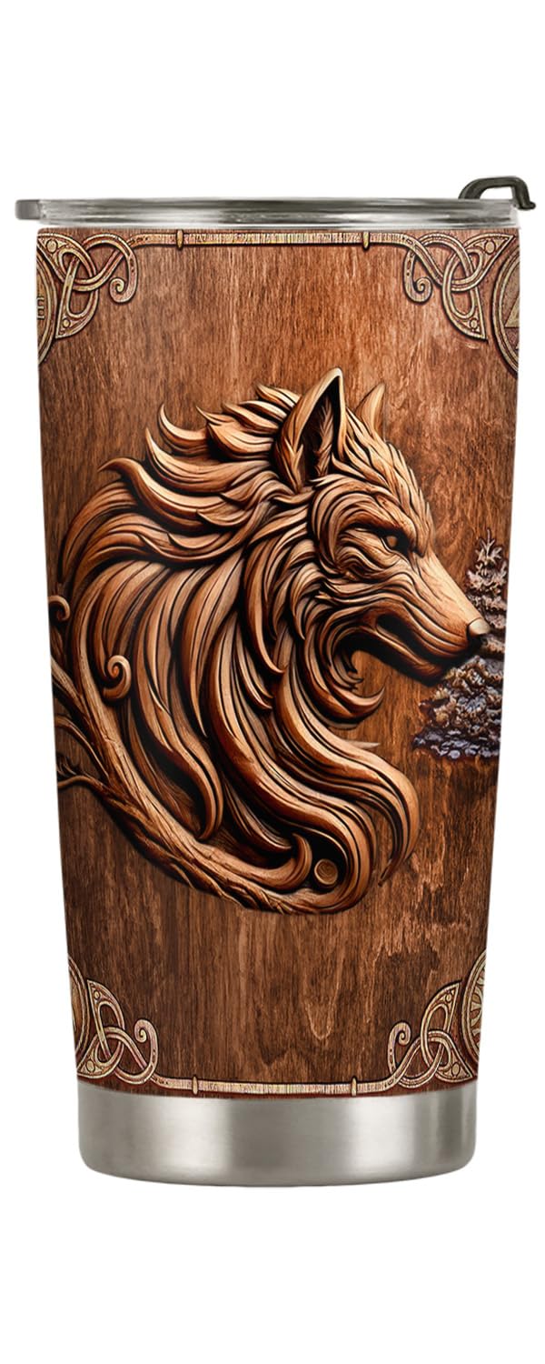 Wolf Tumbler 20oz, Gifts for Wolf Lovers, Viking Gifts, Norse Mythology Gifts, Coffee Thermos, Wooden Wolf Tumbler Cup, Stainless Steel Double Wall Vacuum Insulated Travel Coffee Mug with Lid
