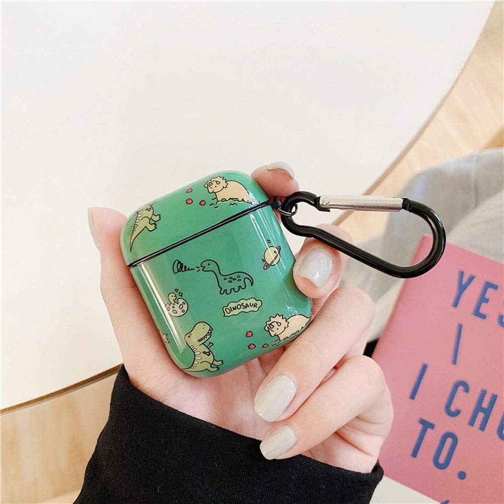 Compatible with Earbuds Case Airpods 1 & 2, Cute Dinosaur Family Pattern Anti-Scratch Shockproof Wireless Earphone Protector Keychain Green