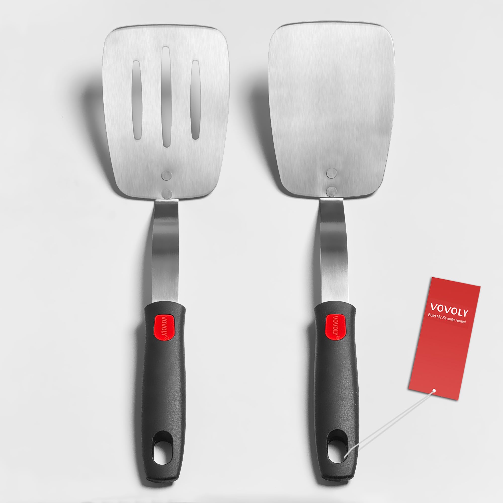 VOVOLY - Juego de 2 espátulas de acero inoxidable, espátula de metal para uso en cocina, espátula de cocina resistente, hoja ancha con borde biselado, mango de silicona resistente al calor, apto para