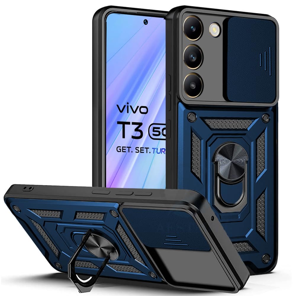 Polycarbonate Tough Armor Vivo Y200E 5G/Vivo T3 5G Bumper Back Case Cover|Ring Holder&Sliding Camera Shield Cover|360 Degree Protection Back Case Cover For Vivo Y200E 5G/Vivo T3 5G(Blue)