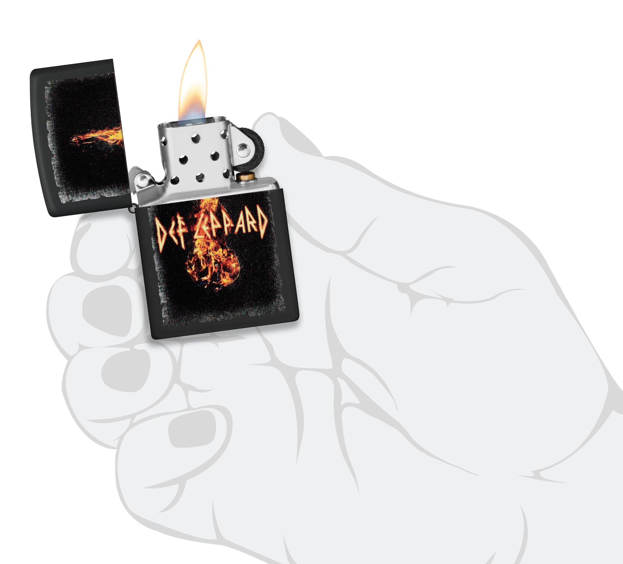 Zippo Def Leppard Zapalniczka Sztormowa, Kolorowy Nadruk, do Napełniania, Wielokrotnego Użytku, Wiatroodporna Konstrukcja, Pudełko na Prezent, Wykonano w USA, Kolor Czarny Matowy (Black Matte)