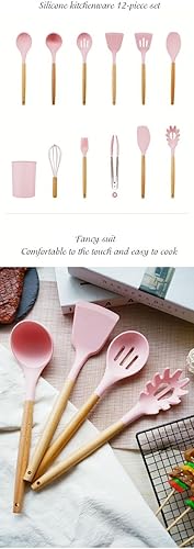Miniatura 3 de Juego de utensilios de cocina de silicona y madera, juego de utensilios de cocina de 12 piezas, antiadherentes, resistentes al calor, sin BPA,