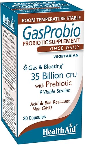 HealthAid GasProbio, Suplemento probiótico vegetariano, 35 mil millones de UFC, 9 cepas con prebiótico, 30 cápsulas, resistente a ácidos y bilis,