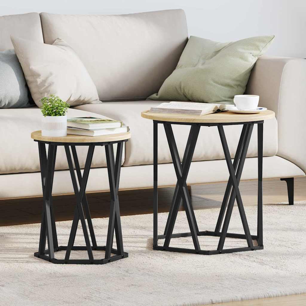 Set di 2 tavolini rotondi in rovere Sonoma, legno e acciaio | Eleganti tavolini rotondi per il soggiorno. Piano del tavolo opaco facile da pulire con robusto telaio in acciaio.