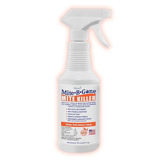 Mite Killer Spray by Mite-B-Gone — Kills Human Mites, Bird, Dust, Spider, Rat, Turkey, Carpet Mites. Treatment for Homes, Furniture, Bedding, Auto & Animals | Non-Toxic | Kid & Pet Safe | 16oz Spray