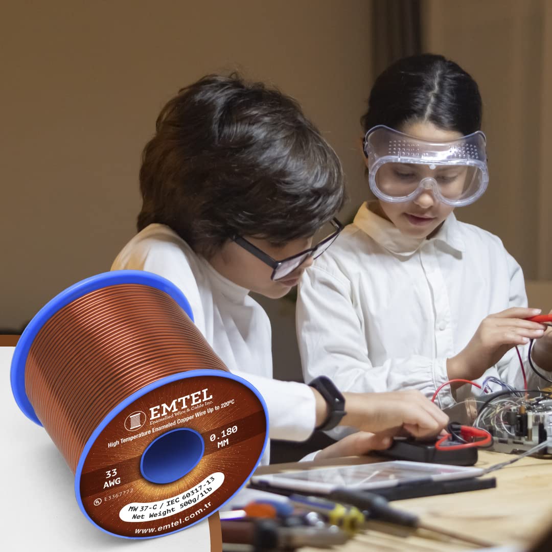 Emtel 0.45 mm - 500 gr - 346 mètres Fil de cuivre émaillé - Fil d'enroulement pour moteur, transformateur, haut-parleur, bobine magnétique - Fil magnétique jusqu'à 220°C - Isolation double couche