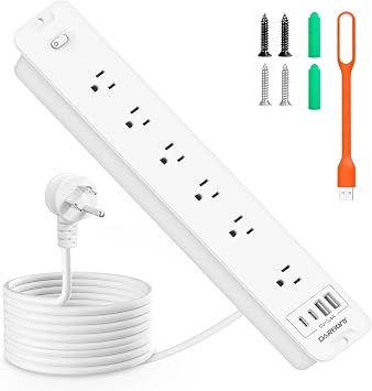 Recessed Power Strip 1800J Surge Protector USB C, 6 AC Outlets with 4 USB Flush Mount Outlet Extender Flat Multi Plug Desk Furniture Charging Station Splitter with Switch for Home Office,White
