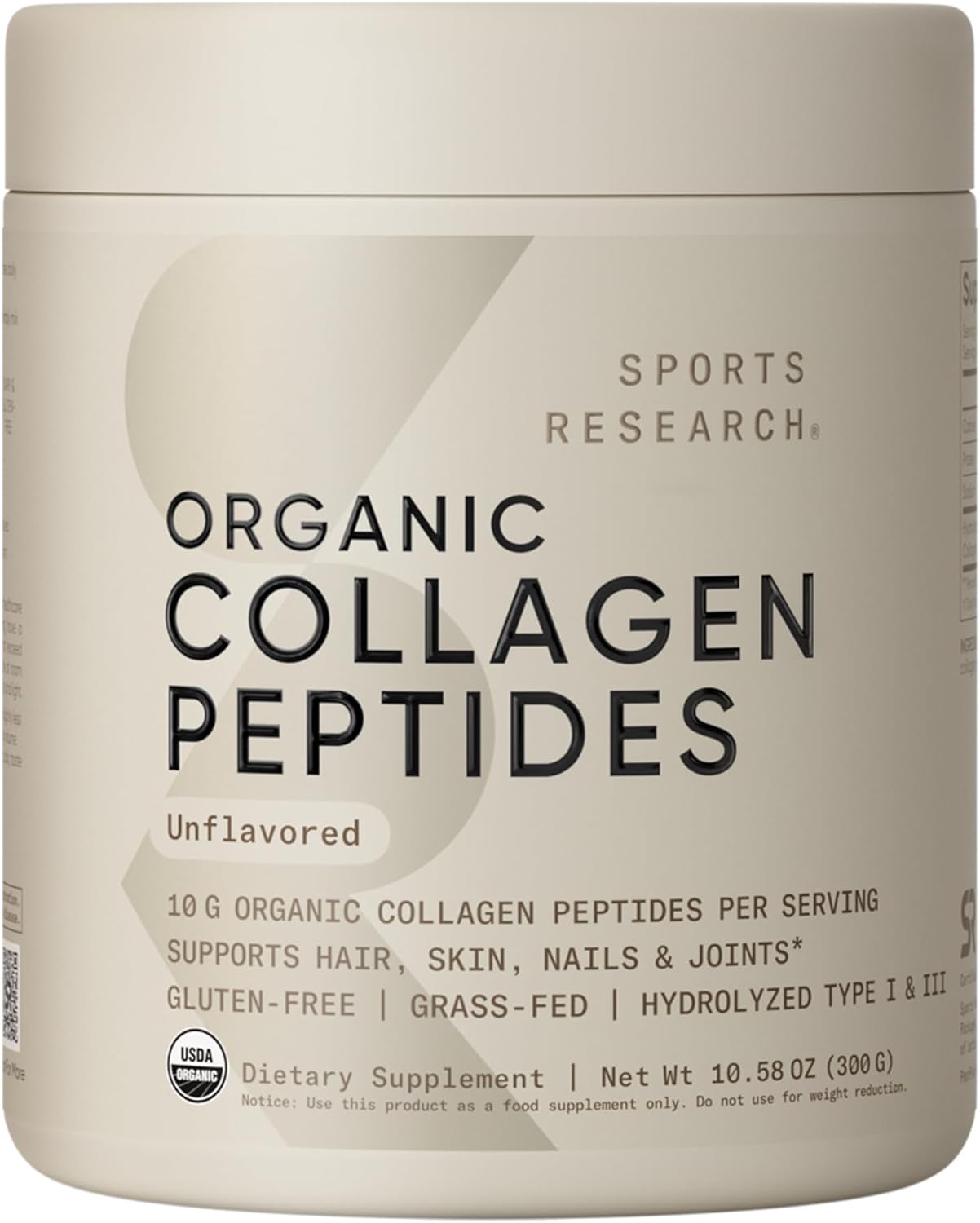 Sports Research® Organic Collagen Peptides - Hydrolyzed Type I & III Collagen Protein Powder Made Sustainably from Grass-Fed Cows - USDA Organic· Non-GMO · Gluten Free - Unflavored, 30 Servings