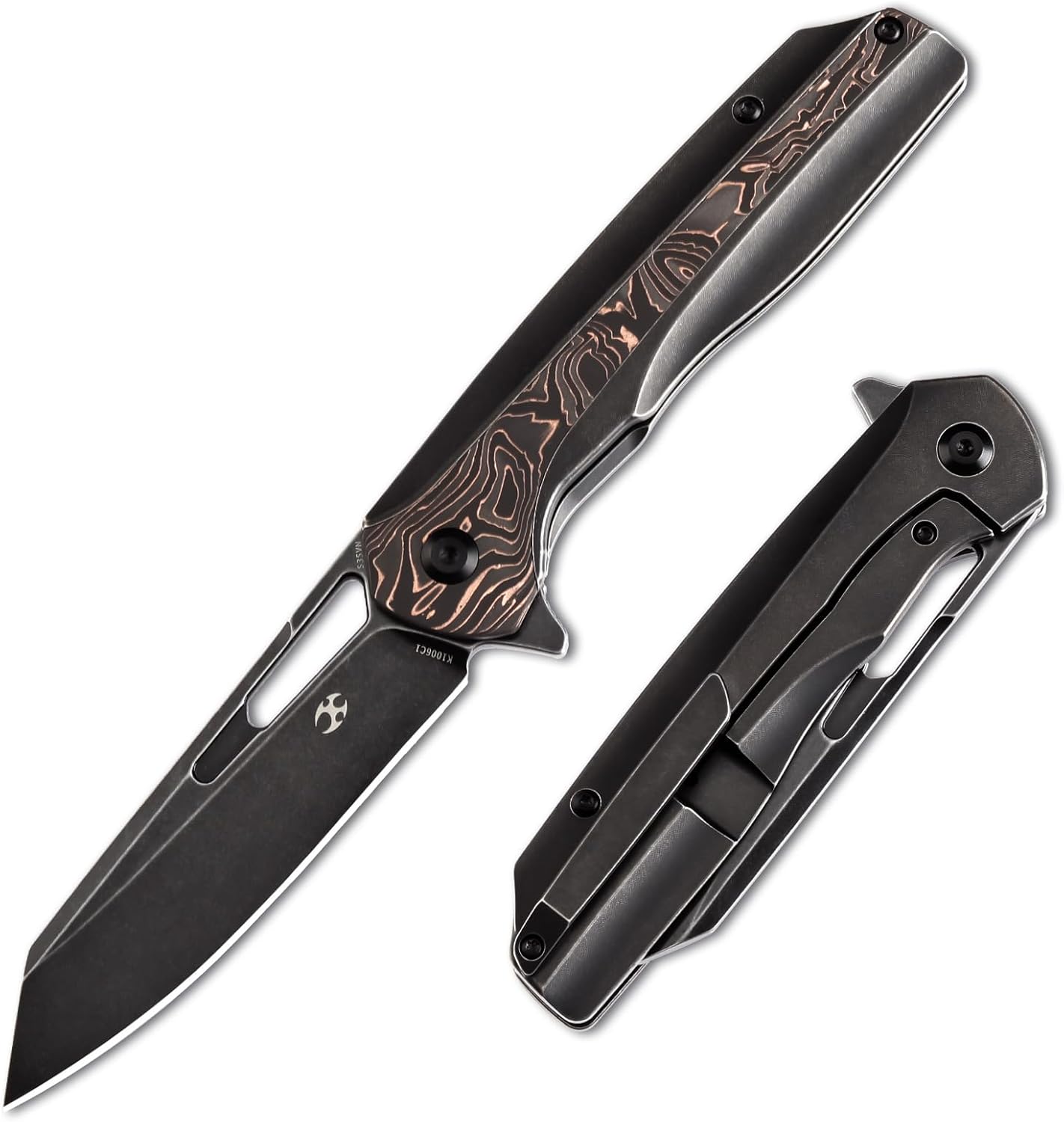 KANSEPT Shard Pocket Folding Knives for Men EDC Pocket Knife 3.48'' Satin CPM-S35VN Material Excellent Pocket Folding Knife with Tiger Stripe Anodized Titanium Black Stonewashed Titanium Handle EDC Folding Knife K1006A22