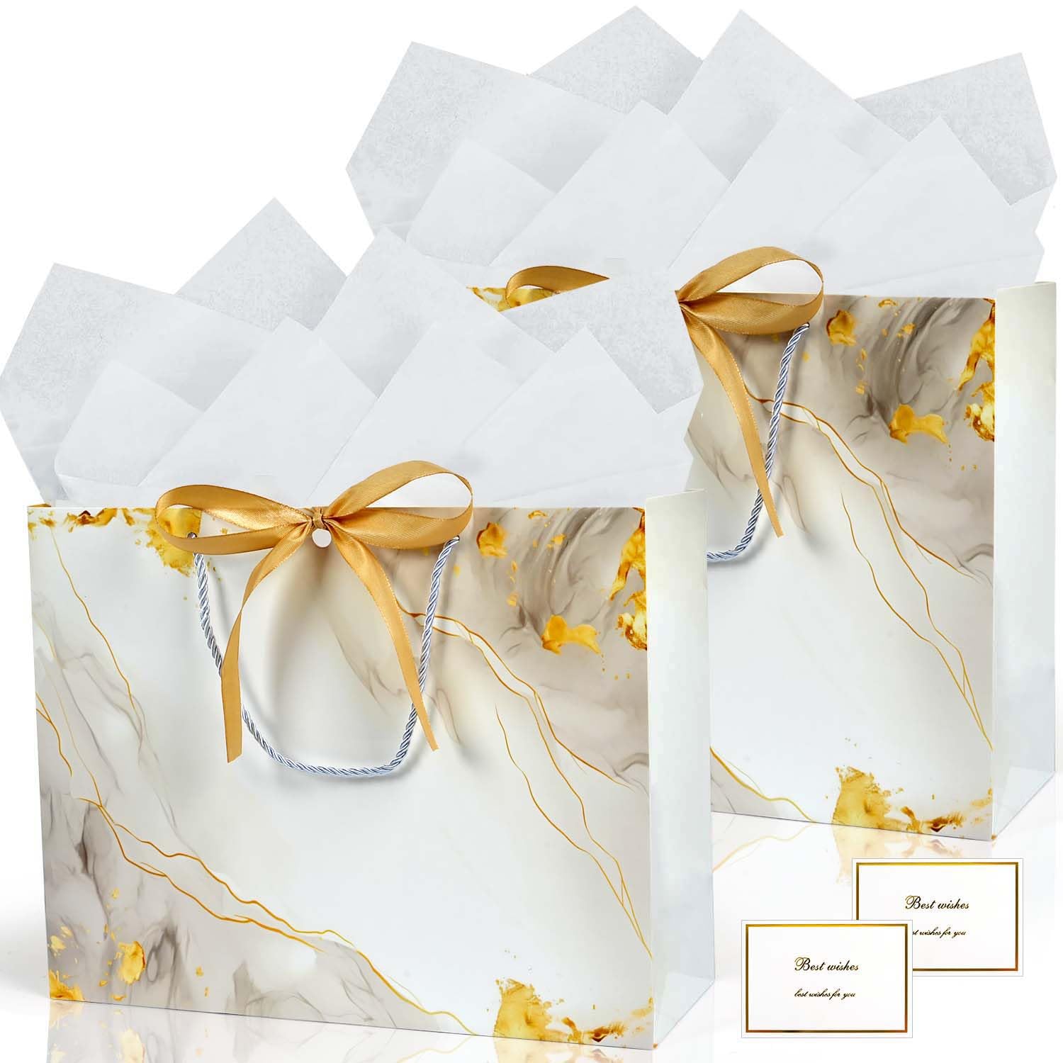 White Gold Gift Bags, 2PCS 13” Large Gift Bags with Tissue Paper and Greeting Cards, Gift Bag with Handles Bow for Women Girls, White Gift Bags for