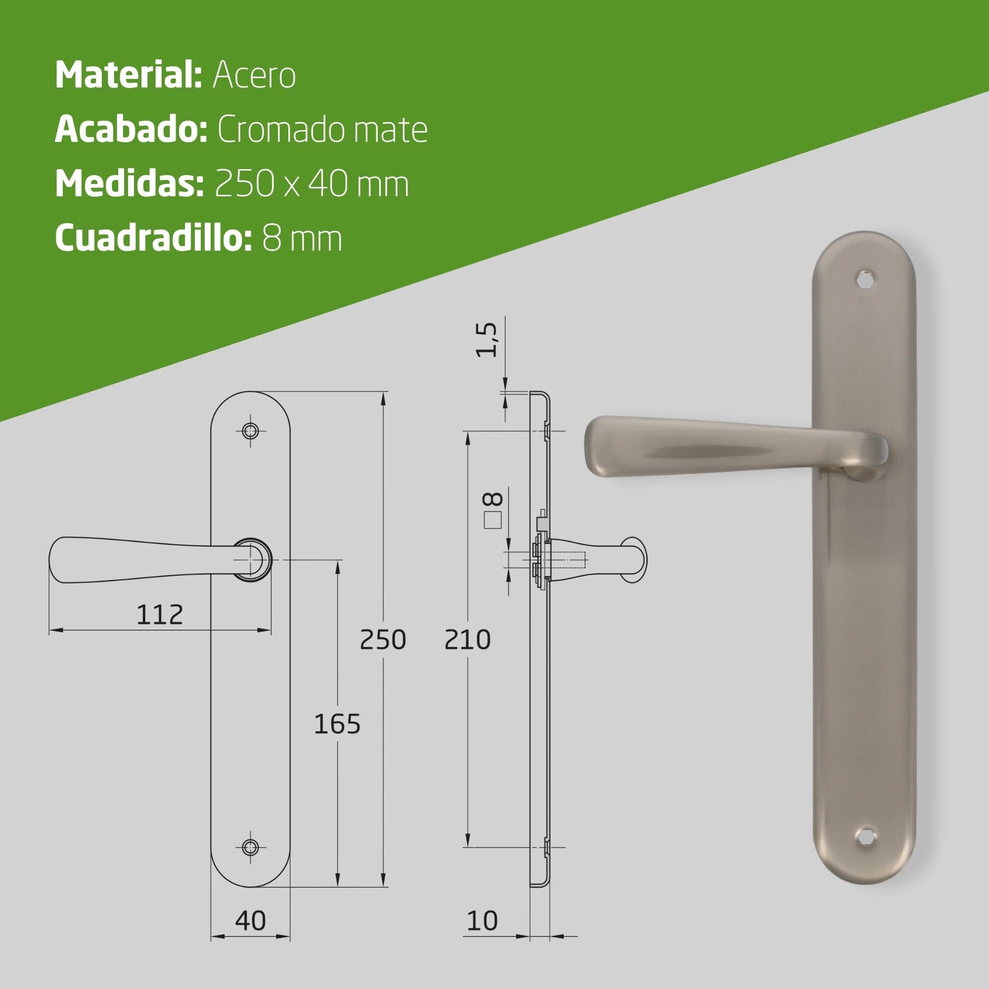 Amig - Juego de Manillas de Placa de Latón, Modelo 252P, Medida: 250 X 40 mm, Cuadradillo de 8 mm, Incluye tornillería, Acabado: Cromado mate