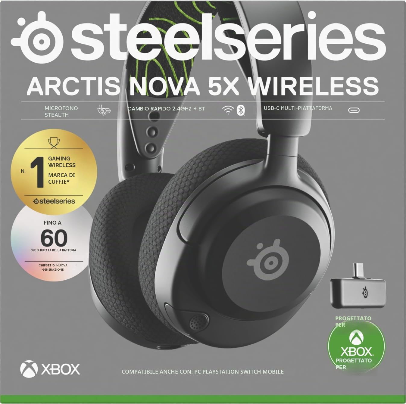 SteelSeries Arctis Nova 5X Cuffie Xbox Wireless Driver Magnetici Neodimio 100+ Preset Audio Batteria 60HR 2.4GHz BT Microfono ClearCast Gen2.X Xbox PS5 PC Cellulare