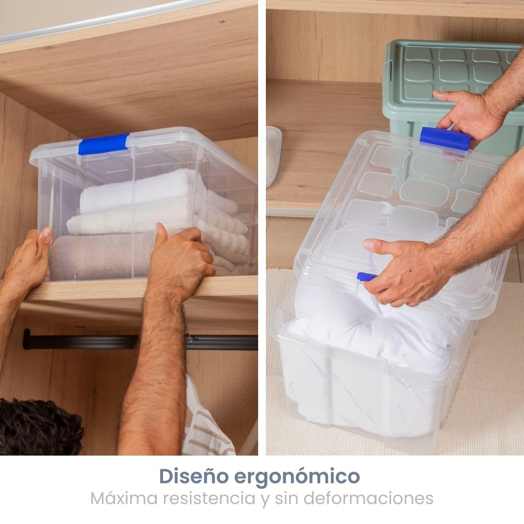 PlasticForte – Pack de Cajas de Almacenamiento de 25 y 16 L con Tapa - Plástico Resistente, Apilables y Transparentes - Organizador (Azul, Pack 4, 25, Litros)
