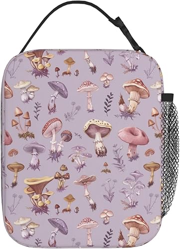 Vista 152 de SUPLUCHOM Lonchera vintage con diseño de hojas de hongos y bosque, bolsa aislada reutilizable con bolsillo lateral para el trabajo, escuela, picnic