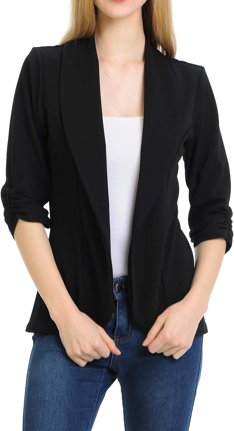 Women's 3/4 Ruched Sleeve Lightweight Work Office Blazer Jacket (S-3XL)