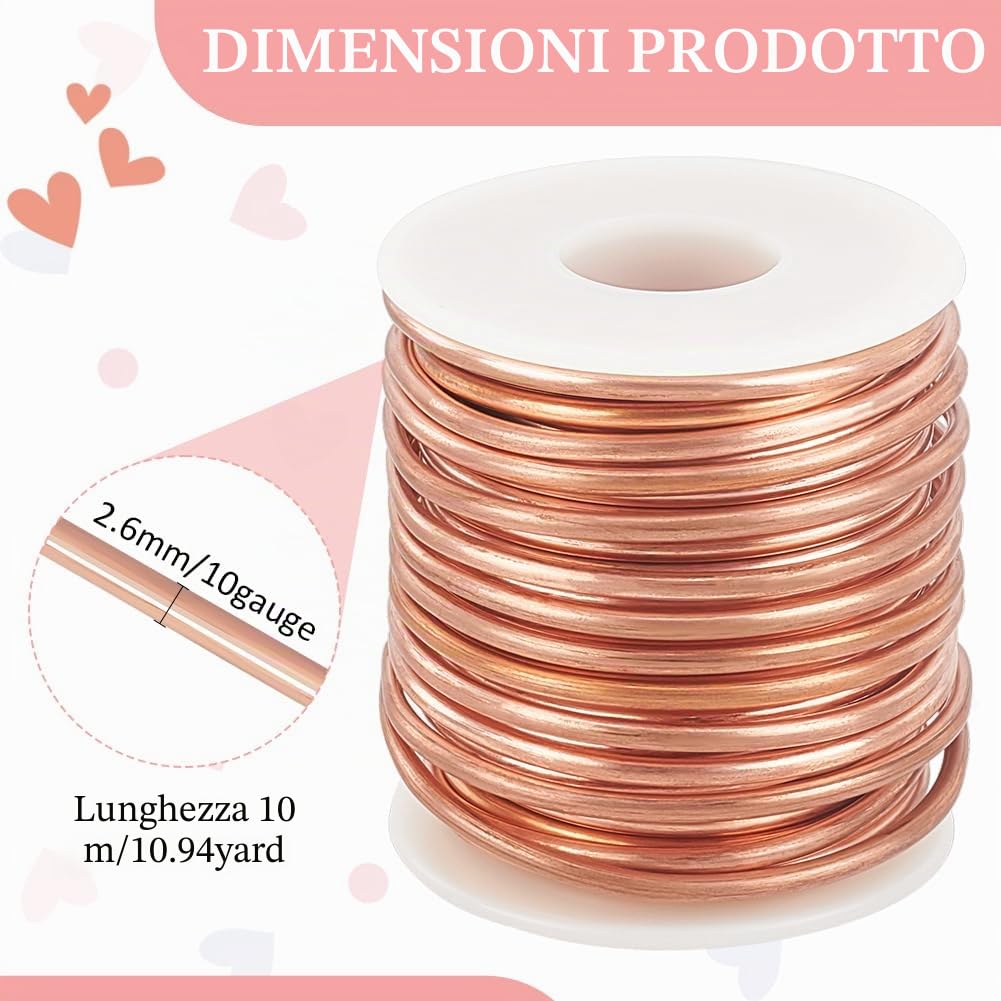 BENECREAT 10m Filo di Rame Solido, Filo di Rame Morbido Rotondo Da 2.6mm Filo di Rame Puro per La Creazione di Gioielli Artigianato Gem Wrapping