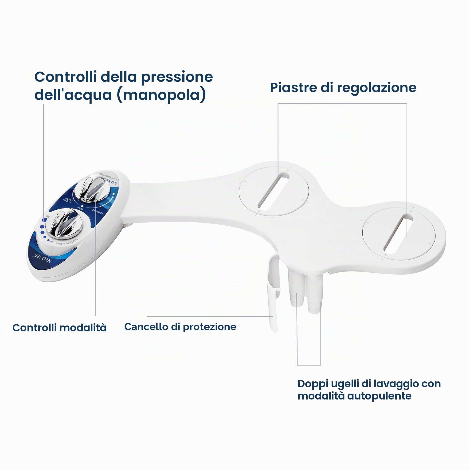 LUXE Bidet, NEO 185, attacco bidet non elettrico per sedile WC, autopulente, doppio ugello, pressione dell'acqua regolabile, modalità di lavaggio posteriore e femminile, blu