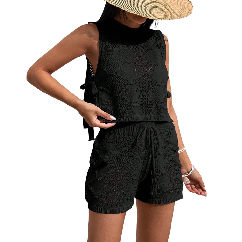 Bikini Estivo Da Donna Copricostume Set Lavorato A Maglia Girocollo Senza Maniche Lacci Laterali E Pantaloncini