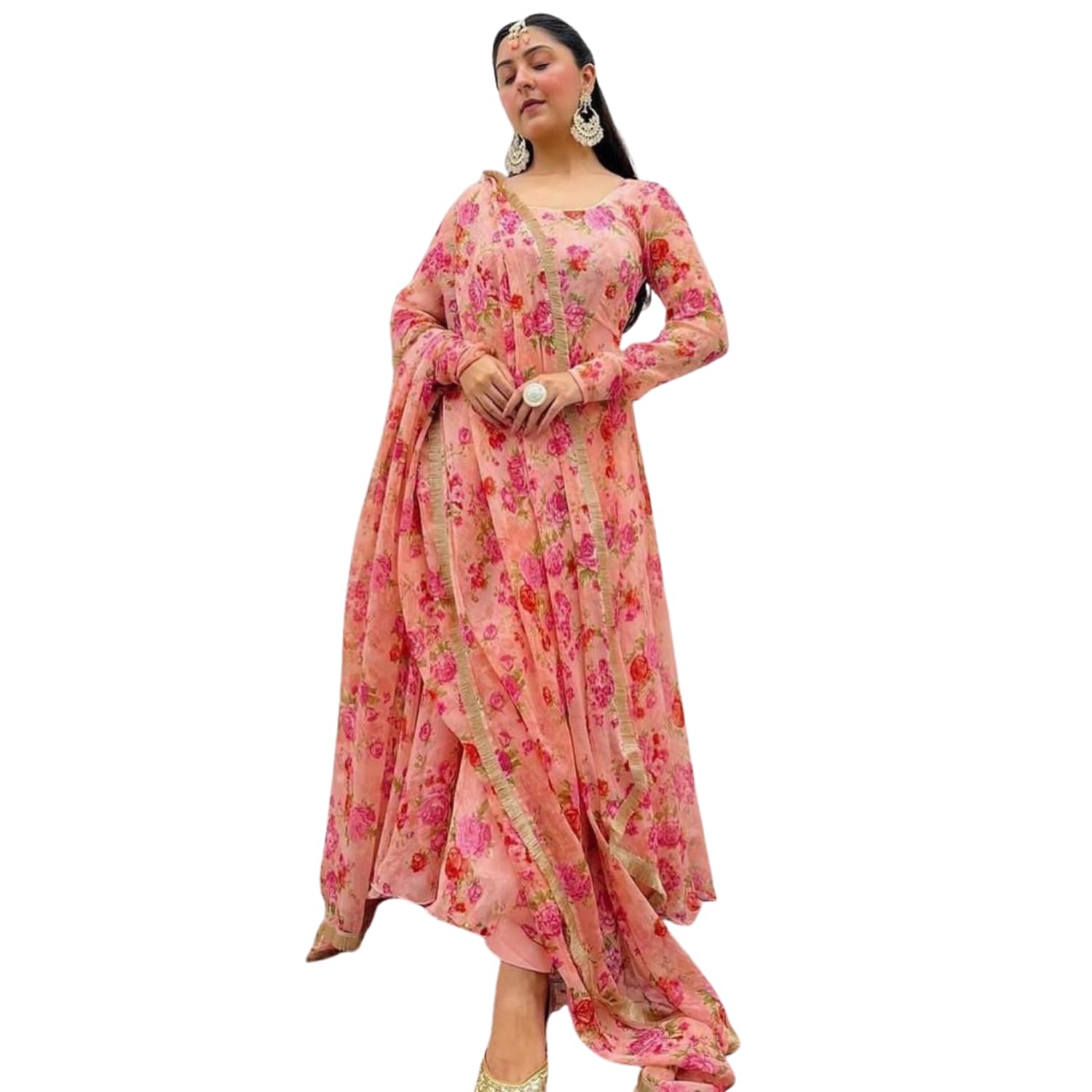 Floral Anarkali Suit Set with Dupatta, Pink Georgette Gown, Long Designer Wedding Guest Dress