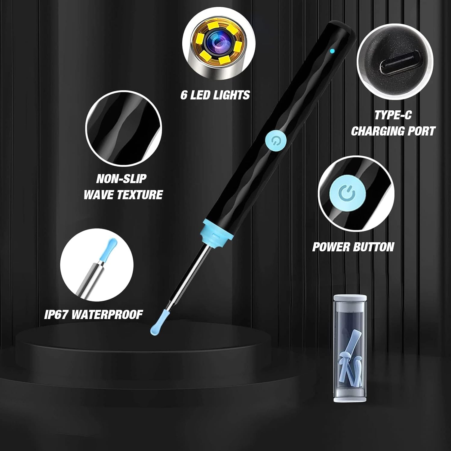 Ear Wax Removal Tool with High Definition Camera (1296P HD), Ear Cleaner Earwax Removal Kit with 6 LED Lights, Ear Cleaning Kit with 7 Ear Picks Compatible with iPhone,iPad and Android Phones(Black)
