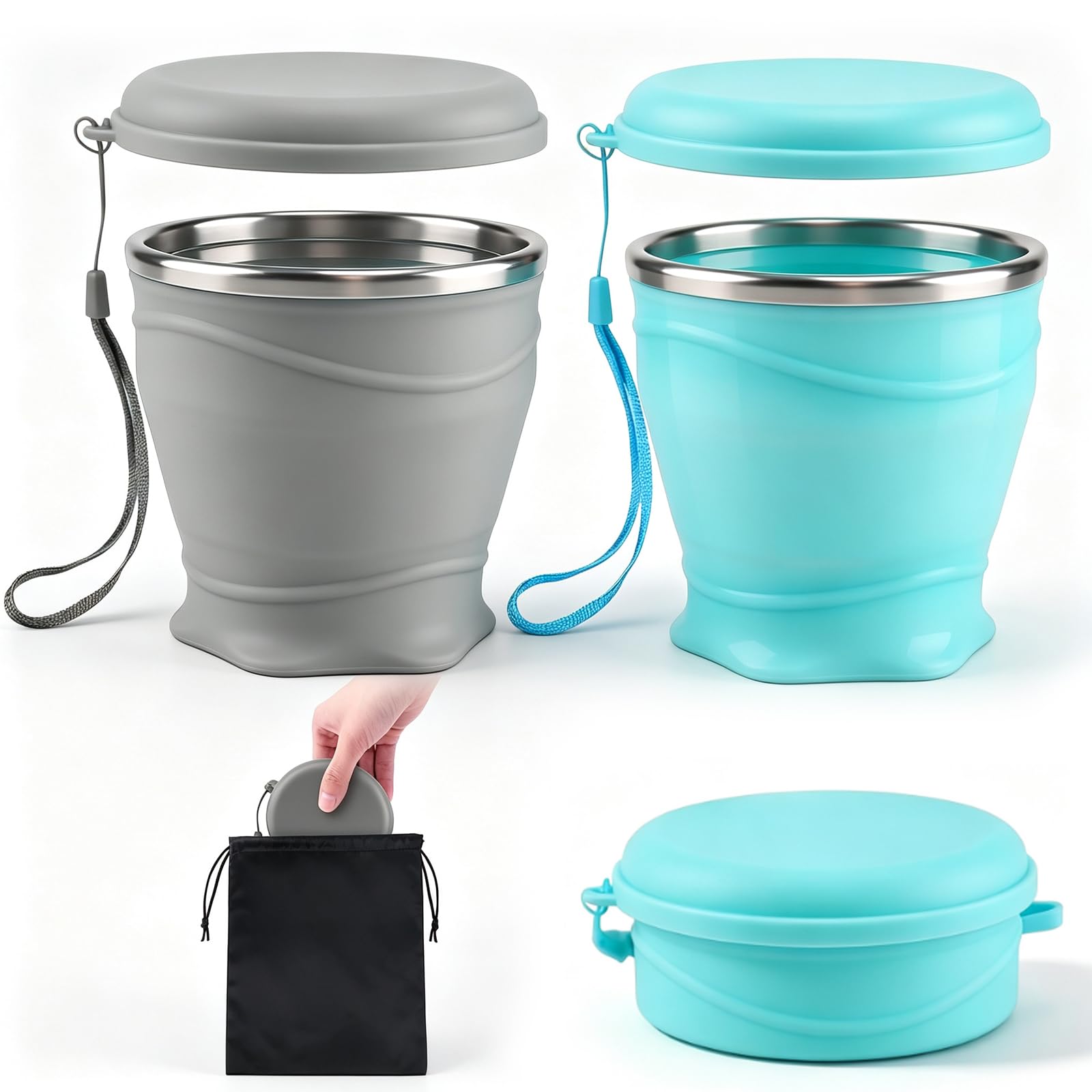 Pack of 2 Silicone Foldable Cups 260 ml, Collapsible Travel Cup, BPA Free with Plastic Lid and Waterproof Bag, 304 Stainless Steel Rim, Portable Cup for Travel, Hiking, Outdoor