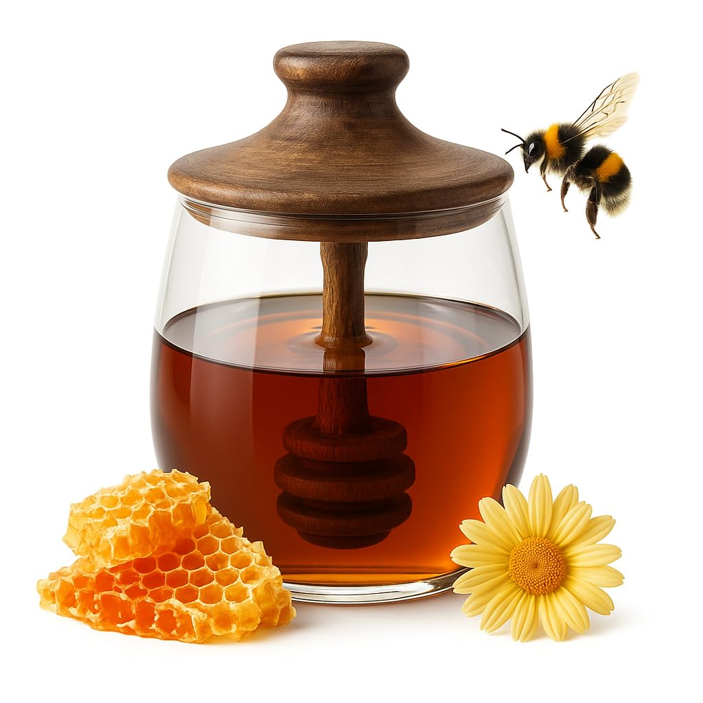 THE EMPTY SPACE Honey Jar with Dipper - 350ML Airtight Borosilicate Glass Jar with wooden honey stick -Syrup Dispenser for Home Kitchen, for Maple Syrup, with Green tea, Mess free Honey Stick (Large)