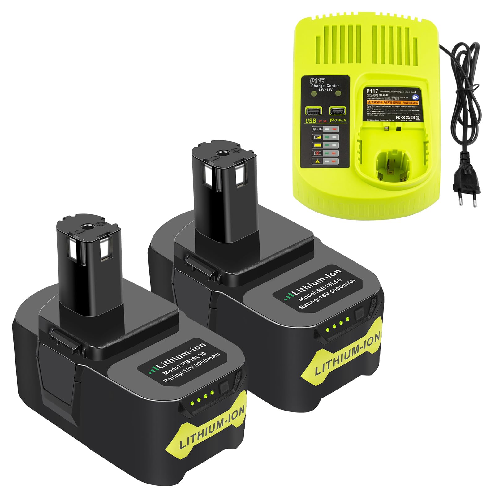 ASUNCELL 2 Piezas Batería 18V 5.0Ah y Cargador para Ryobi, Li-Ion Batería de Repuesto para Ryobi One+ RB18L50 RB18L40 RB18L25 RB18L15 RB18L13 P102 P103 P104 P105 P106 P107 Herramientas Inalámbricas